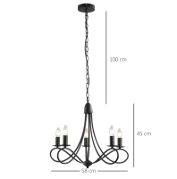HOMCOM Lampadario a Soffitto Stile Rustico, Acciaio Intrecciato Nero con 5 Candelieri Regolabili e Pieghevoli Ф58 x 45cm(m-3)