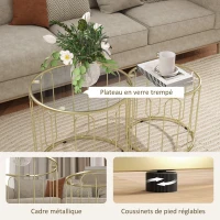 HOMCOM Lot de 2 tables basses gigognes rondes modernes avec cadre en métal et plateau en verre trempé, ton doré(m-6)