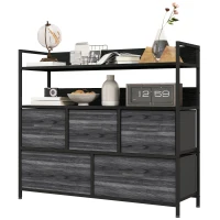 HOMCOM Rustic Chest of Five Fabric Drawers - Black(m-11)