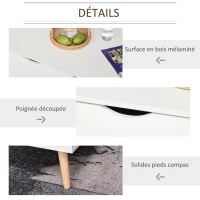 HOMCOM Table Basse rectangulaire Design scandinave Grande Niche et tiroir Coulissant Bois Massif pin Panneaux Particules Blanc(m-7)