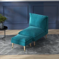 HOMCOM Fauteuil de relaxation avec repose-pieds fauteuil relax de salon pieds en bois d'hévéa revêtement aspect velours bleu(m-2)