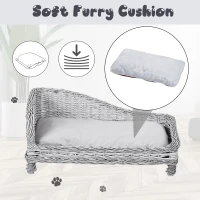 Pawhut Wicker Dog Cat Bed Kitten Lounger  Pet Bed Rattan Willow Basket Soft Cushion Lightweight 69 x 42 x 33 cm Grey(m-6)