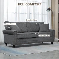 HOMCOM 196cm 3 Seater Sofa, Fabric Sofa with Rubber Wood Legs, Nailhead Trim, 2 Pillows, Small Upholstered Couch Settee for Living Room, Guest Room, Grey(m-4)