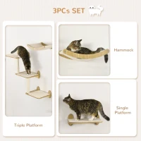 PawHut 3PCs Wall-Mounted Cat Shelves, with Jumping Platforms, Hammock, Scratching Post - Oak Tone(m-5)