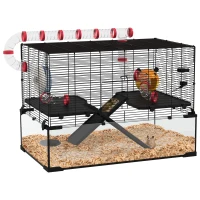 PawHut Gerbil Cage, Dwarf Hamster Cage, with Deep Glass Bottom, Tunnels, Ramps, Hut, Exercise Wheel, 78.5 x 48.5 x 57cm(m-1)