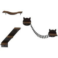 PawHut Three-Piece Wall-Mounted Cat Shelves w/ Jumping Platforms, Ladders - Brown(m-1)
