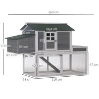 PawHut Gallinero Exterior de Madera Recinto con Nido y Corral Bandeja Extraíble Ventana de Malla Rampa Área de Cultivo 160x80x110 cm Gris y Blanco(m-3)
