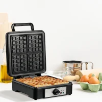 HOMCOM Macchina per Waffle con Piastre Antiaderenti e Temperatura Regolabile, 1200W, Nero(m-2)
