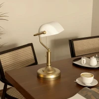 HOMCOM Banker's Desk Lamp with Antique Bronze Tone Base, Table Lamp with White Glass Shade for Home Office, White(m-9)