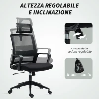 HOMCOM Sedia da Ufficio Ergonomica con Poggiatesta e Altezza Regolabili, Funzione Dondolo e Ruote, Nero(m-6)