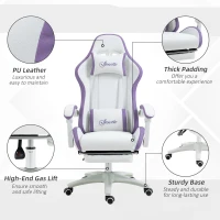 Vinsetto Computer Gaming Chair, PU Leather Office Desk Chair with Footrest, Swivel Wheels, 135° Reclining Back, Lumbar Support, Headrest for Home, White and Purple(m-7)