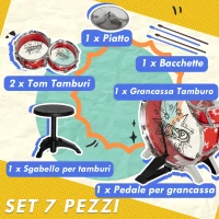 AIYAPLAY Batteria per Bambini 3-6 Anni a 7 Pezzi con Sgabello e Bacchette, in Plastica e Metallo, 72x29x56 cm, Rosso(m-5)