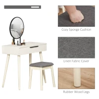 HOMCOM Dressing Table with Mirror and Stool, Vanity Makeup Desk Set with 2 Drawers, Cushioned Stool and Make-up Organiser for Bedroom and Dressing Room, 80 x 40 x 123 cm, White(m-5)