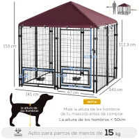PawHut Perrera de Exterior con 2 Soportes Giratorios para Comida 2 Cuencos y Toldo de Impermeable 141x141x153 cm Negro y Rojo(m-3)