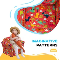 AIYAPLAY Kids Armchair with Dinosaur Design, Wooden Frame, for Bedroom, Playroom, Kids Room - Red(m-4)