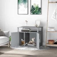 PawHut Wooden Cat Litter Box Enclosure Furniture with Adjustable Interior Wall & Large Tabletop for Nightstand, Grey(m-2)