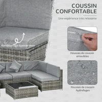 Outsunny Ensemble salon de jardin 7 pièces modulables table basse plateau verre trempé coussins déhoussables inclus gris(m-5)