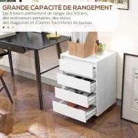 HOMCOM Caisson de bureau rangement bureau sur roulettes 4 tiroirs coulissants en bois aspect bois blanc(m-4)