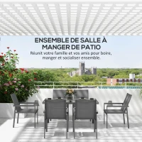 Outsunny Salon de jardin 7 pièces avec 1 table à manger et 6 chaises - plateau en verre trempé effet grain de bois, gris(m-6)
