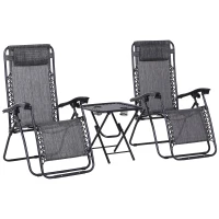 Outsunny 3pcs Folding Zero Gravity Chairs Sun Lounger Table Set w/ Cup Holders Reclining Garden Yard Pool, Light Grey(m-1)