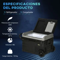 Outsunny Nevera Compresor Portátil 40L Nevera Portátil Eléctrica para Coche Congelador CC 12V/24V hasta -20℃ con Pantalla LED Táctil Asa Retráctil Ruedas para Camping Viajes 71,1x46x44 cm Negro(m-4)