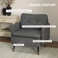 HOMCOM Fauteuil scandinave dossier capitonné avec passepoil en tissu 76 x 68 x 80 cm gris et pieds en métal noir et doré(m-4)