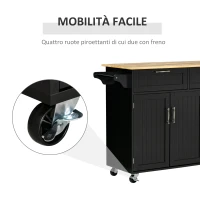 HOMCOM Carrello da Cucina in Legno con 2 Cassetti, Armadietto 3 Ante e 4 Ruote, 121x46x91cm, Nero(m-5)