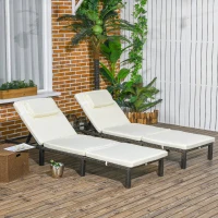 Outsunny Set of Two Reclining Rattan Sun Loungers, with Cushions - Brown/Cream(m-10)