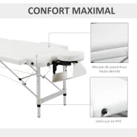 HOMCOM Table de massage 3 zones pliante cosmétique portable charge max. 225 Kg hauteur réglable cadre en alliage blanc(m-6)