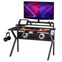 HOMCOM Gaming Desk, Computer Table with Monitor Stand, Cup Holder, Headphone Hook, Wire Basket and Metal Frame, 120cm, Black(m-7)