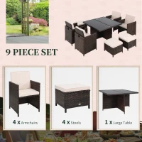 Outsunny 8 Seater Rattan Cube Garden Furniture Set, Rattan Dining Set with Cushions, Outdoor Dining Table and Chairs with 4 Armchairs, 4 Stools, Square Glass Top Table for Patio, Balcony, Brown(m-7)