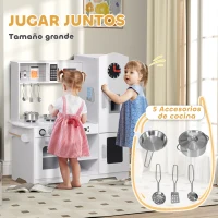 AIYAPLAY Cocina de Madera Infantil con Fogón Grifo Fregadero Microondas Reloj Máquina de Hielo y Accesorios de Cocina Blanco(m-5)