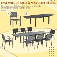Outsunny Salon de jardin table extensible 135-270 cm en aluminium et textilène 6/10 personnes 8 chaises empilables gris(m-4)