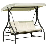 Outsunny Balancelle de Jardin 3 Places Convertible Inclinaison Toit réglable Matelas Grand Confort Rembourrage 8 cm fourni 1,95L x 1,17l x 1,75H m métal époxy Noir crème(m-1)