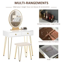HOMCOM Coiffeuse Table de maquillage moderne - Miroir LED réglable intégré - Tabouret Inclus - pied en métal doré - 2 tiroirs + 1 Organisateur Blanc(m-6)