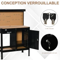HOMCOM Établi plan de travail avec panneau perforé tiroir étagère ouverte placard avec 2 clés et boîte de rangement latérale, bricolage outillage garage MDF et métal 98,5 x 48 x 140 cm noir(m-6)