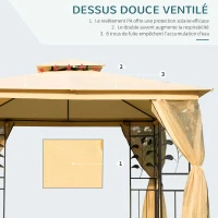 Outsunny Tonnlle de jardin barnum pavillion de jardin 3 x 3 double toit avec moustiquaires amovibles imperméable beige(m-4)