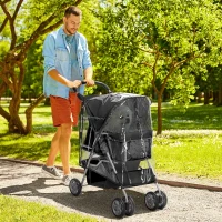 PawHut Pet Travel Stroller with Rain Cover, 4 Wheels Foldable Travel Carriage with Wheels Zipper Entry Cup Holder Storage Basket Black(m-2)