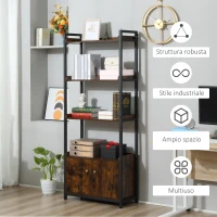 HOMCOM Mobile Libreria 4 Ripiani con Armadietto a 2 Ante, Libreria Scaffale in Stile Industriale per Casa e Ufficio, 75x30x180cm, Marrone(m-7)