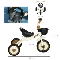 AIYAPLAY Triciclo para Niños de 2 a 5 Años Bicicleta Infantil con Asiento Ajustable Cesta Timbre y Pedales 70,5x53x58 cm Crema(m-3)