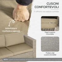 Outsunny Set 4 Pz Salotto da Esterni in Rattan con 1 Divano, 2 Poltrone e 1 Tavolino, Kaki e Beige(m-5)