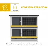 PawHut Conejera de Madera de 2 Pisos con Techo Asfáltico Bandejas Extraíbles y Rampa para 2 Conejos 97x44x91 cm Gris(m-5)