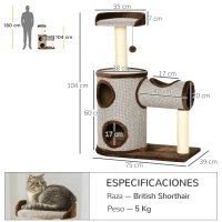 PawHut Árbol Rascador para Gatos Mediano Altura 104 cm Torre Escalador de Gato con Barril Rascador Cama Superior Túnel Postes de Sisal y Bola Colgante 75x39x104 cm Marrón(m-3)
