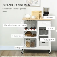HOMCOM Chariot de service desserte de cuisine à roulettes multi-rangements placard à porte casier à vin étagères tiroir blanc(m-4)
