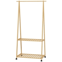 HOMCOM Portant à vêtement portemanteau en bambou sur roulettes avec 2 étagères et 2 crochets, pour entrée, chambre