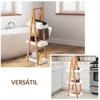 kleankin Estantería de Baño de Bambú con 3 Estantes Estantería de Almacenaje Estantería de Madera en Forma de A 30x18x81 cm Natural y Blanco(m-6)