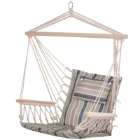 Outsunny Garden Outdoor Hanging Hammock Chair Thick Rope Frame Wooden Arms Safe Wide Seat Garden Outdoor Spot Stylish Multicoloured stripes(m-1)