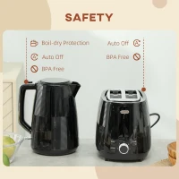 HOMCOM Kettle and Toaster Set, 1.7L 3000W Fast Boil Kettle & 2 Slice Toaster Kitchen Set with 7 Level Browning Controls, Defrost, Reheat, Boil-dry Protection, Black(m-7)