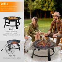 Outsunny Metal Large Firepit Bowl Outdoor Round Fire Pit w/ Lid, Log Grate, Poker for Backyard, Camping, BBQ, Bonfire, Wood Burning Stove, 76 x 76 x 53cm, Black(m-4)