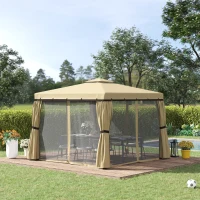 Outsunny 3 x 3(m) Patio Gazebo Canopy Garden Pavilion Tent Shelter with 2 Tier Water Repellent Roof, Mosquito Netting and Curtains, Aluminium Frame, Beige(m-2)
